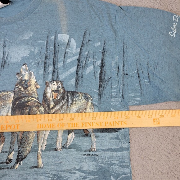 Vintage 90's Wolf T-Shirt Double Sided Silver Dollar City Men's XXL Blue Single - Picture 8 of 11